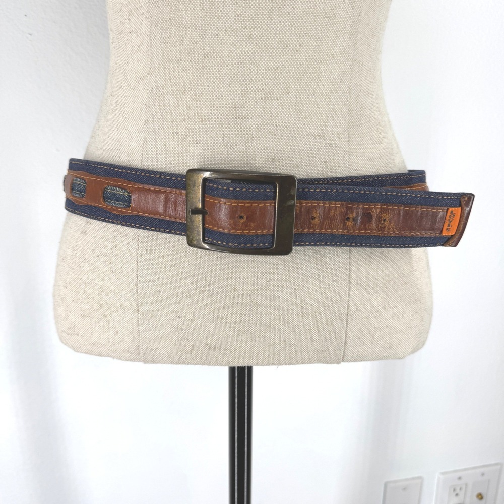 Levis Vintage Denim Leather Woven Belt Brown Blue Orange Tab Western Mixed Media